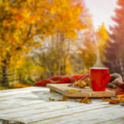 Coffee cup on a picnic table surrounded by autumn trees.