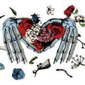 A pair of skeletal hands holding a rose bouquet