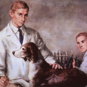 Medical researchers Frederick Banting and Charles Best with their test dog.