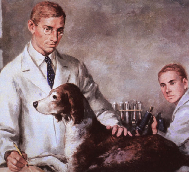 Medical researchers Frederick Banting and Charles Best with their test dog.