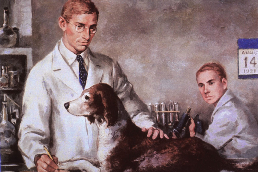 Medical researchers Frederick Banting and Charles Best with their test dog.