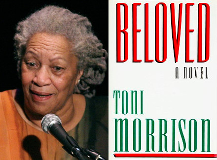 Author Toni Morrison and the cover for her novel, Beloved