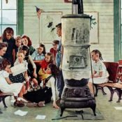 Norman Rockwell's illustration of a one-room schoolhouse, where children gather around their teacher who's reading a story.