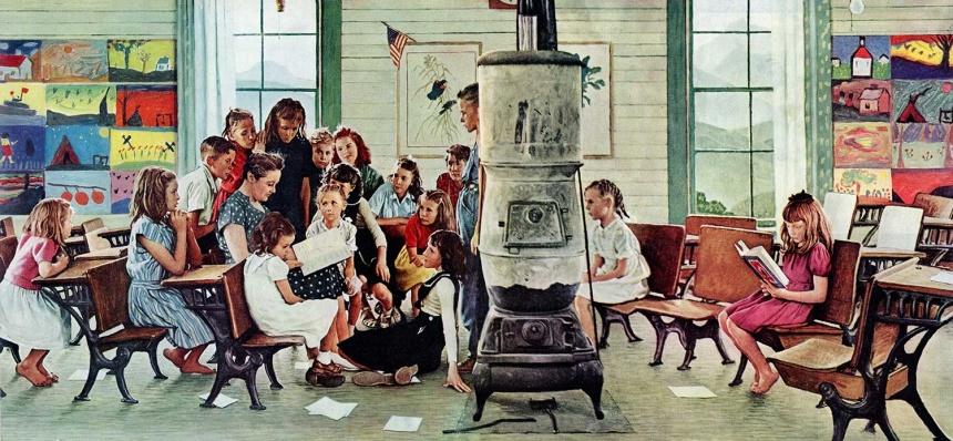 Norman Rockwell's illustration of a one-room schoolhouse, where children gather around their teacher who's reading a story.