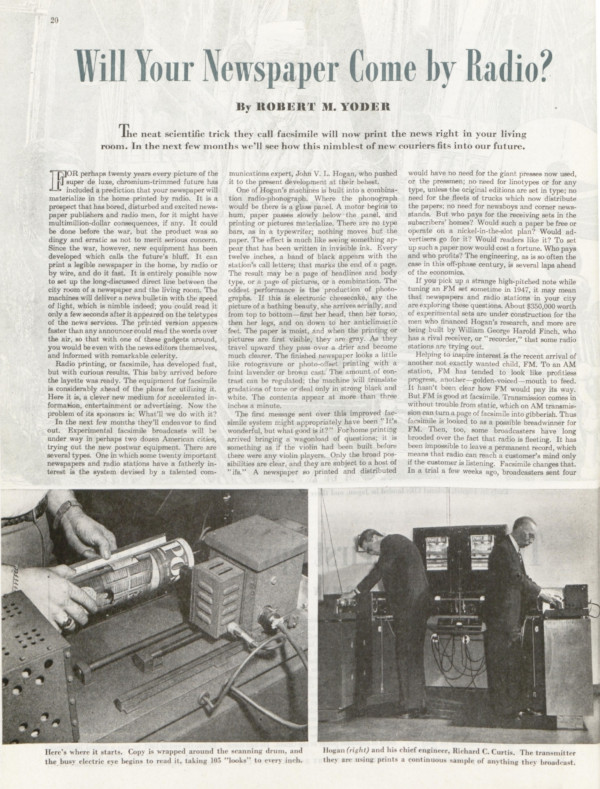 First page of the article "Will Your Newspaper Come by Radio"