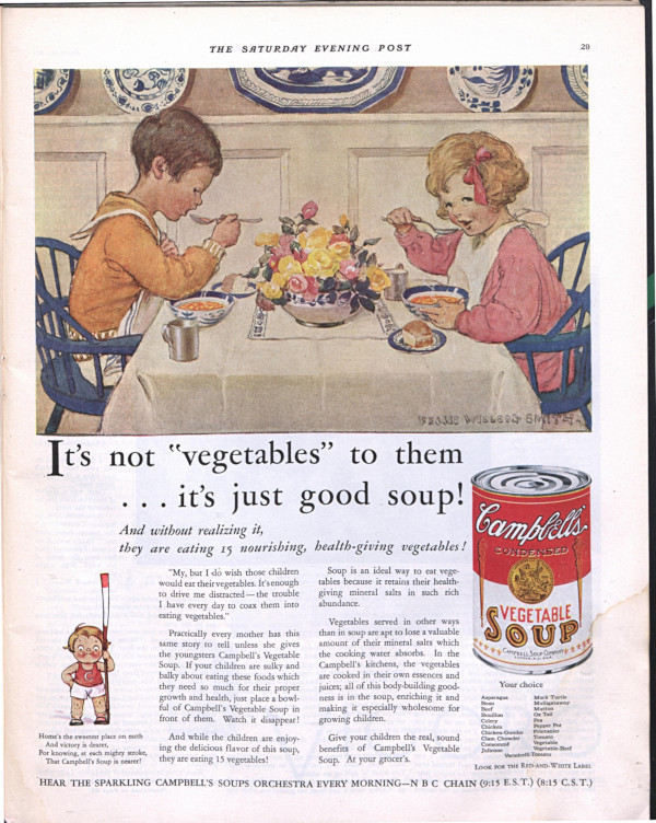 Campbell soap ad from the 1930s depicting children eating soup.