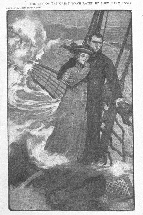 Story illustration depicting a couple sailing a ship through rough seas.