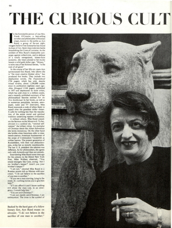 The first page of the article "The Curious Cult of Ayn Rand"