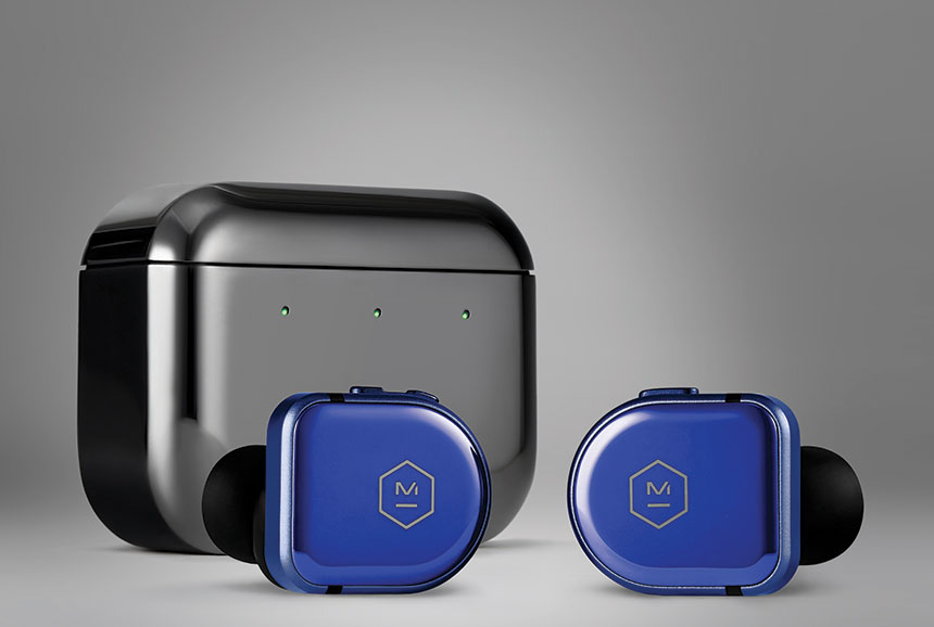 A pair of Master Dynamic MW08 earbuds