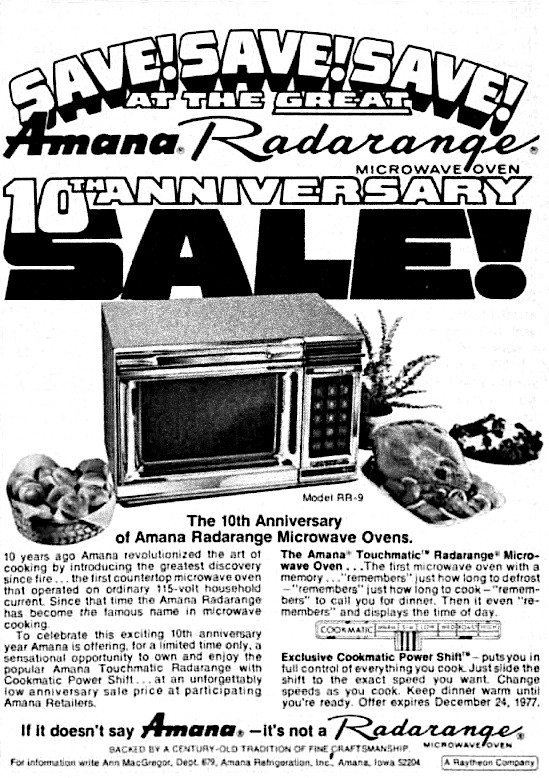 Advertisement for the Amana Radarange microwave oeven