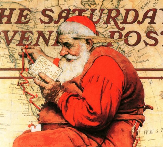 Norman Rockwell cover illustration of Santa Clause at a giant world map.