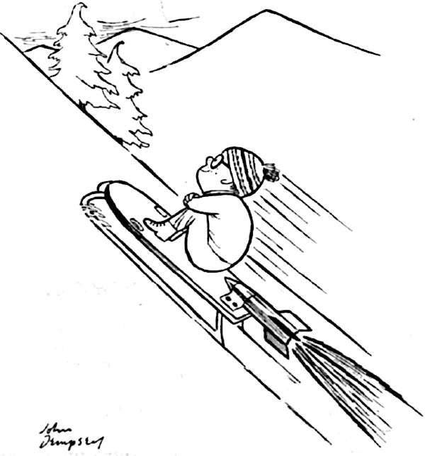Child goes up a hill on a sled with a small rocket attached to it.