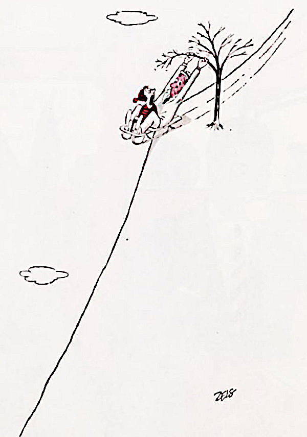 One of the men riding a sled down a steep hill grabs onto a tree branch to prevent them from descending further