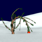 A small, thin Christmas tree being weighed down by a single ornament