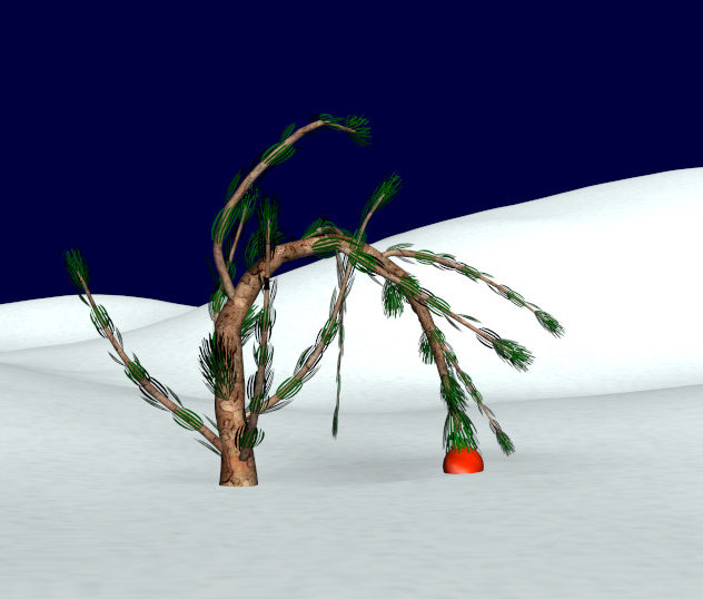 A small, thin Christmas tree being weighed down by a single ornament