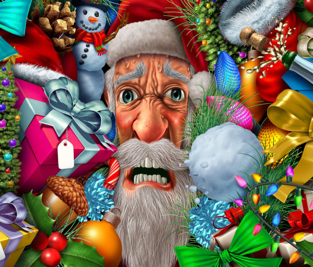 Santa Claus being frustrated with the amount of work in preparing of Christmas