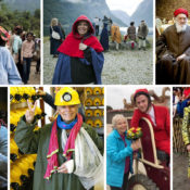 The author overcame her fear of the unknown by opening herself to new experiences wherever she could find them. Clockwise from top-left: Trying on traditional headgear in Vietnam; studying with a modern Viking shaman in Norway; meeting with the High Priests of the ancient Samaritans; posing with Drak, a Lucha Libre wrestler in Mexico; visiting a mine in Slovakia, despite a broken wrist; meeting the Cornuz — the star of a medieval festival celebrating the end of cuckoldry in Catalonia; attending a bullfight in Tizimin, Mexico. (Photos by Paul Ross)