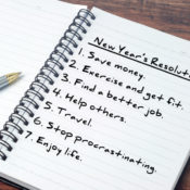Notepad with New Year's resolutions written down