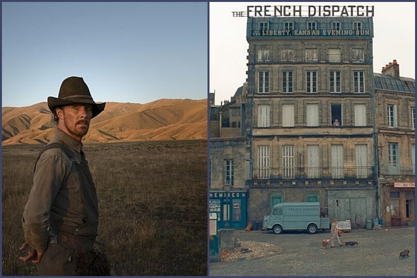 Scenes from the films The Power of the Dog and The French Dispatch
