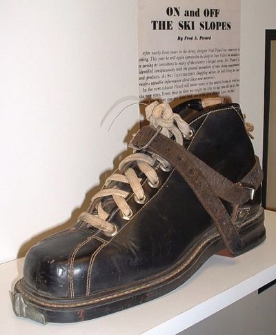 Lace-up ski boots on display
