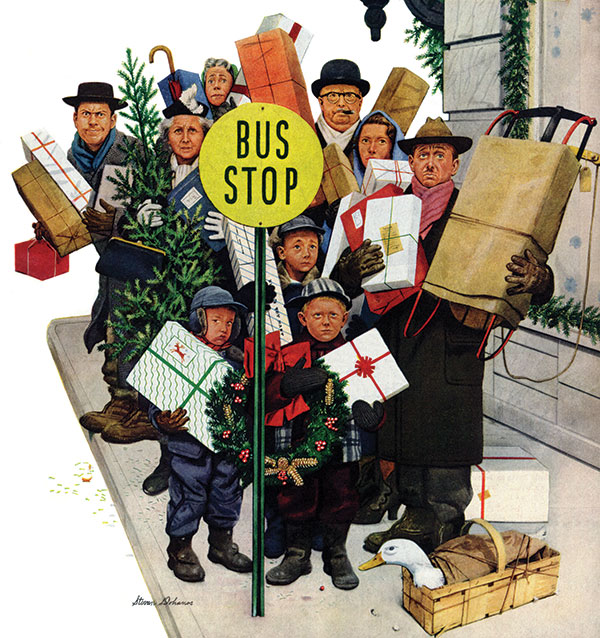 Christmas shoppers crowd at a bus stop while carrying their gifts.