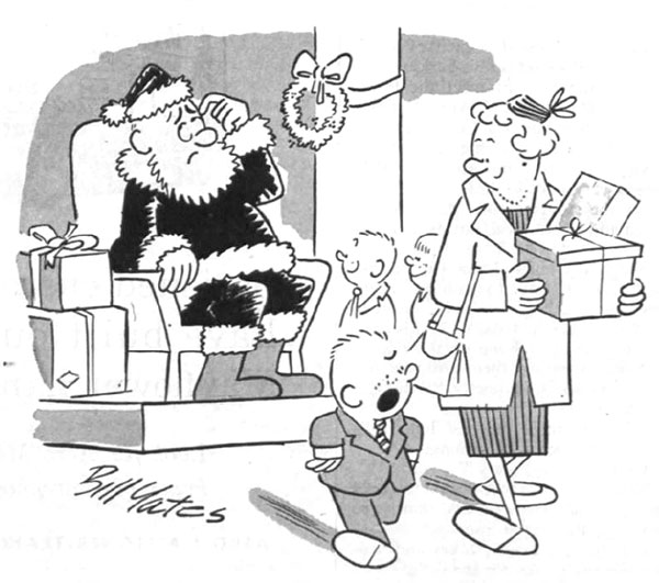 Child and mother walk away from a confused mall santa.