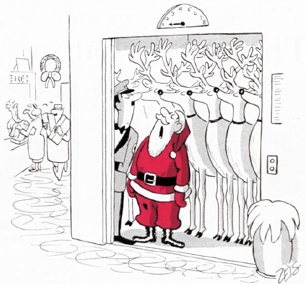 Santa and his reindeer ask the elevator porter to take them to the floor with the toy section