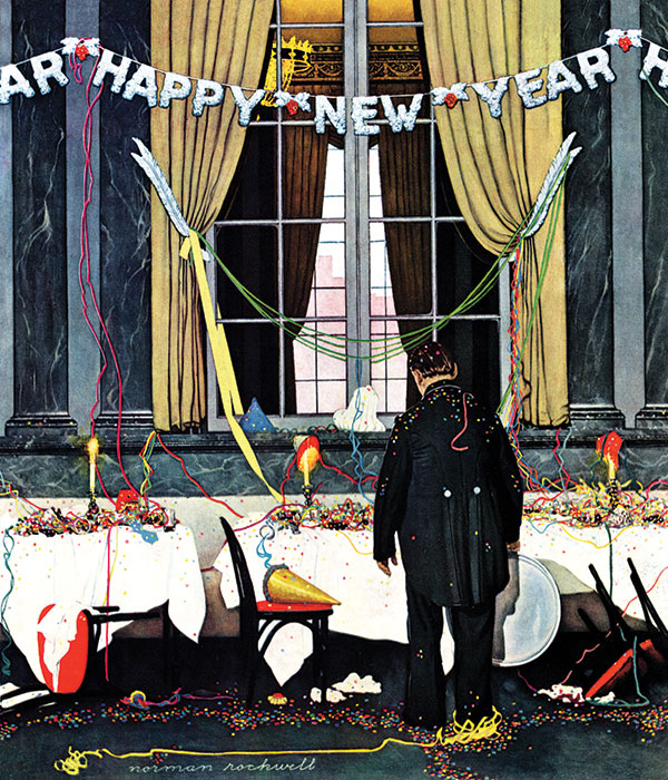 Hotel's senior waiter surveys the mess wrought by the previous night's New Year Eve's party and slumps his shoulders