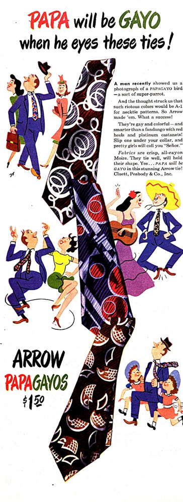 Advertisement for Arrow brand ties, featuring a rather colorful and loud necktie.