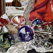 Christmas Ornaments by window on a snow covered Christmas morning.