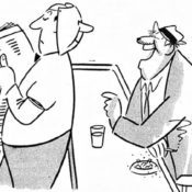 Bartender uses a mask on the back of his head to fool the drunk into thinking he is talking directl to him.y