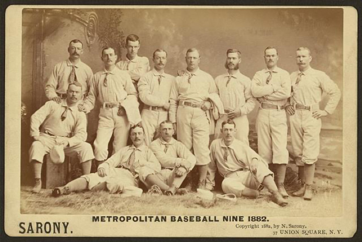 Team photo for the 1882 New York Metropolitans baseball team, whose members are all wearing neckties with their uniforms.