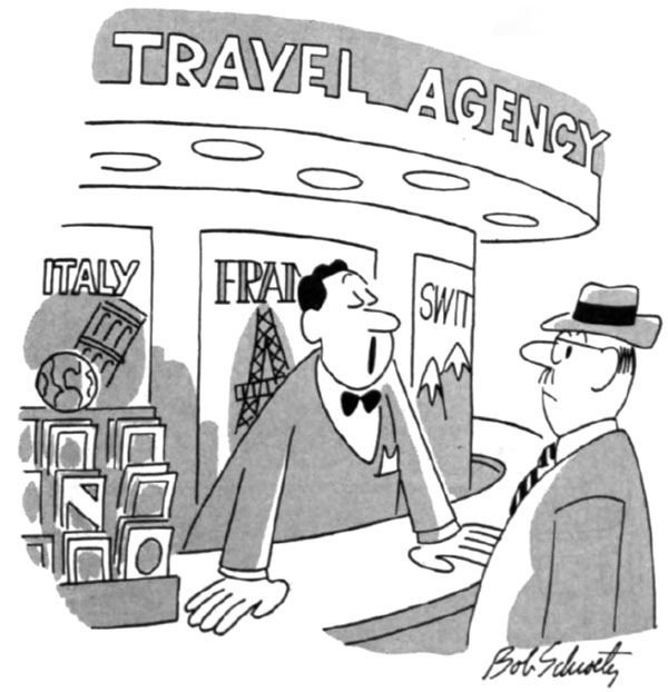 Travel agent pitches a low-budget vacation idea to a customer.