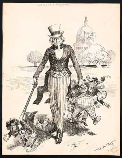 Political cartoon showing Uncle Sam dragging away protestors, who are marked here as "traitors"