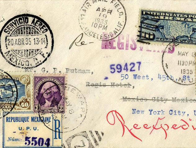 Very special delivery: Amelia Earhart carried this letter on her flight from L.A. to Mexico City on April 19, 1935, and then took it back to Newark, New Jersey, on a nonstop flight on May 8-9, 1935. The letter is addressed to her husband and adorned with U.S. and Mexican stamps. Note the famous flier’s signature in the upper-left corner. (National Postage Museum)
