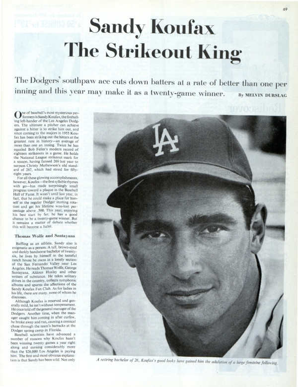 First page of the Post article "Sandy Koufax: The Strikeout King