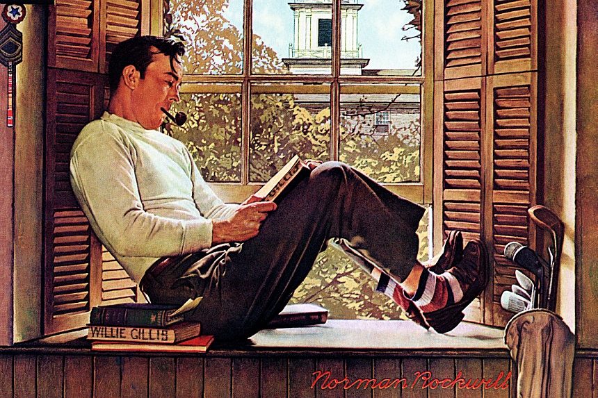 Norman Rockwell's Willie Gillis character studying at college as a result of the G.I. Bill