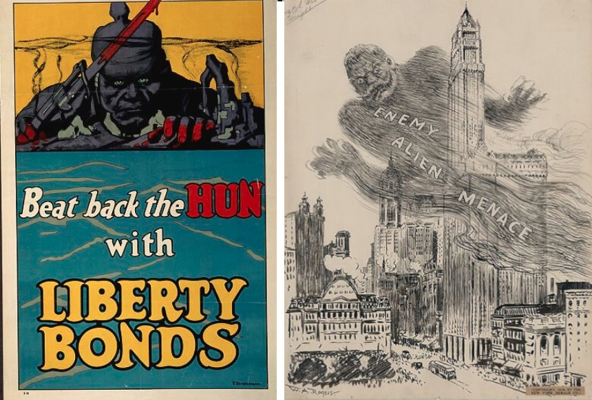Liberty Bonds poster and a xenophobic political cartoon from a World War I edition of the New York Herald depicting German immigrants as an "alien menace"