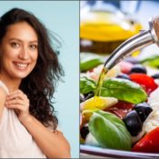 Two images of a woman showing of her arm after a vaccination shot and a salad.