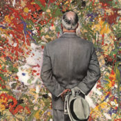 Norman Rockwell cover depicting a man in an art gallery examining a Jackson Pollock painting.