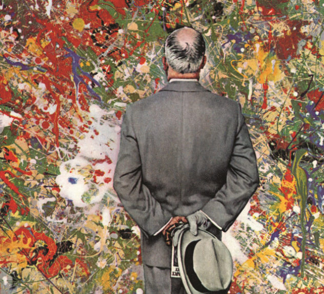 Norman Rockwell cover depicting a man in an art gallery examining a Jackson Pollock painting.