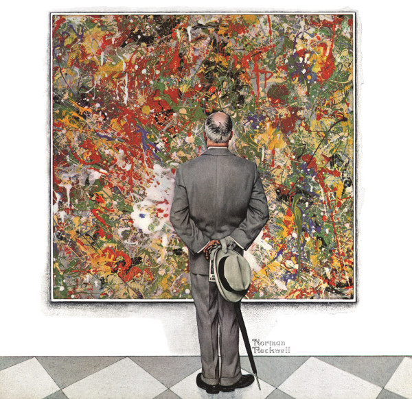 Norman Rockwell cover depicting a man in an art gallery examining a Jackson Pollock painting.