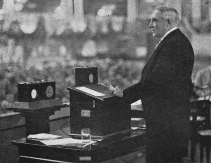 President Harding giving the first Presidential radio address.