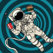 Astronaut eating a burger and drinking cola