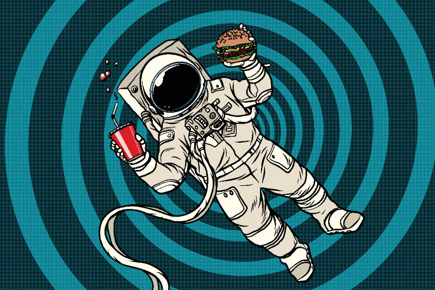 Astronaut eating a burger and drinking cola