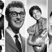 Chuck Berry (Pickwick, Public domain, via Wikimedia Commons); Buddy Holly (Brunswick Records, Public domain, via Wikimedia Commons); Sister Rosetta Tharpe (James J. Kriegsmann, Public domain, via Wikimedia Commons); Little Richard(TGC-Topps Gum Cards, Public domain, via Wikimedia Commons)
