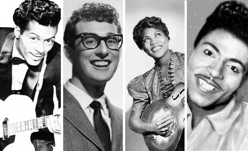 Chuck Berry (Pickwick, Public domain, via Wikimedia Commons); Buddy Holly (Brunswick Records, Public domain, via Wikimedia Commons); Sister Rosetta Tharpe (James J. Kriegsmann, Public domain, via Wikimedia Commons); Little Richard(TGC-Topps Gum Cards, Public domain, via Wikimedia Commons)