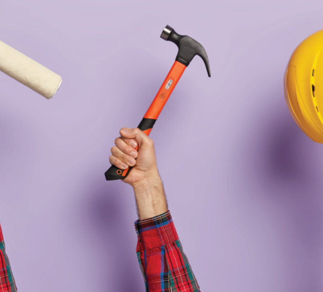 Men holding a paint roller, a hammer, and a hard hat.