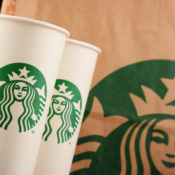 Starbucks paper cups and bag