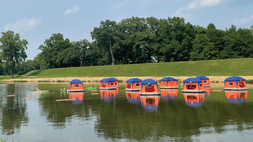 Floating cabins at the Float-Troy hotel in Troy, Ohio